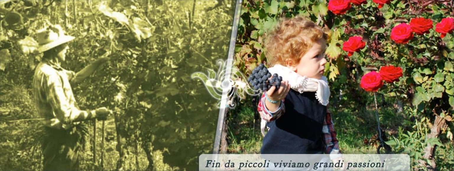 Il nonno tra i filari e la nipote con un grappolo d'uva