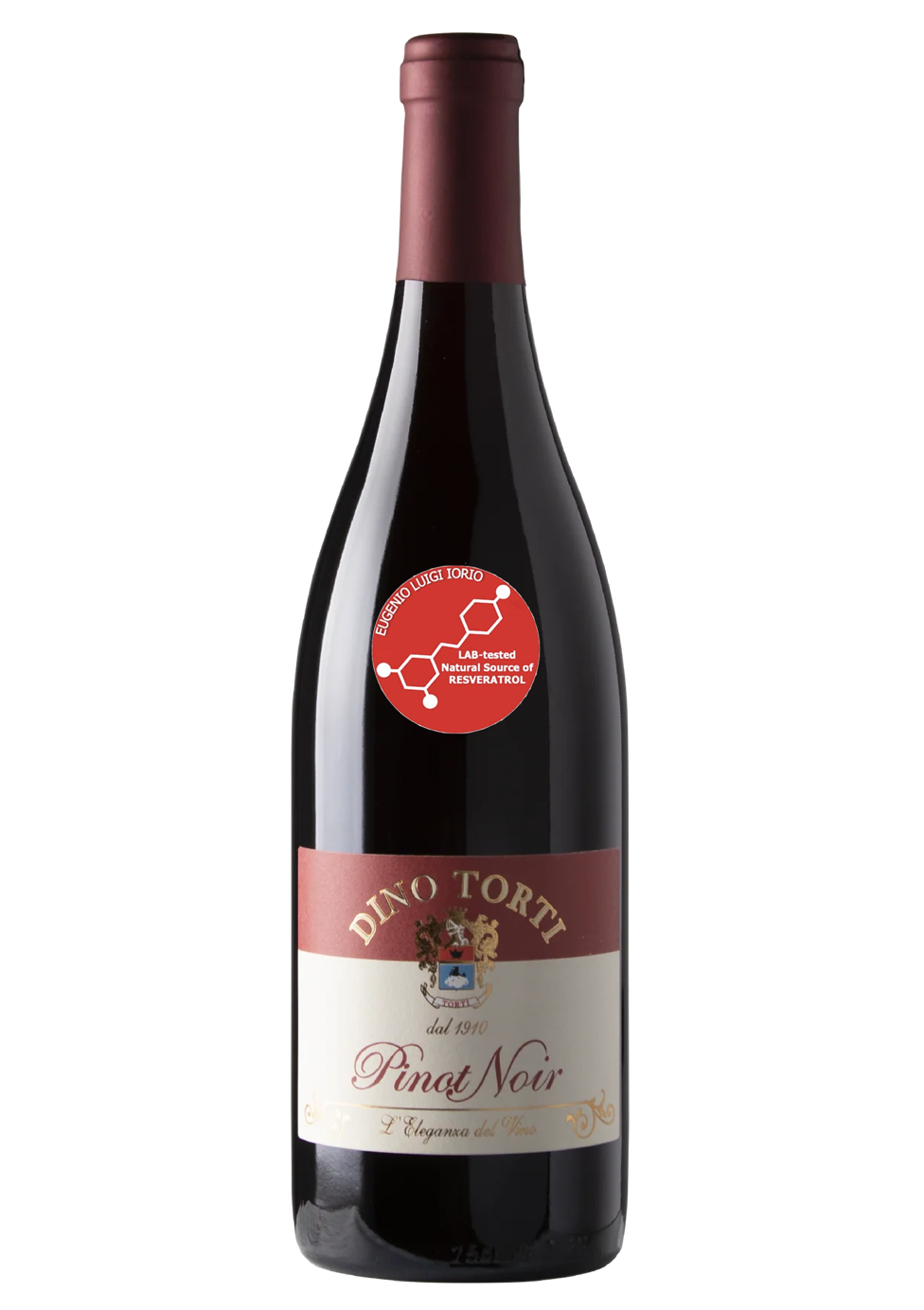 Bottiglia di Pinot Noir Dino Torti con il bollino Resveratrol LAB-tested